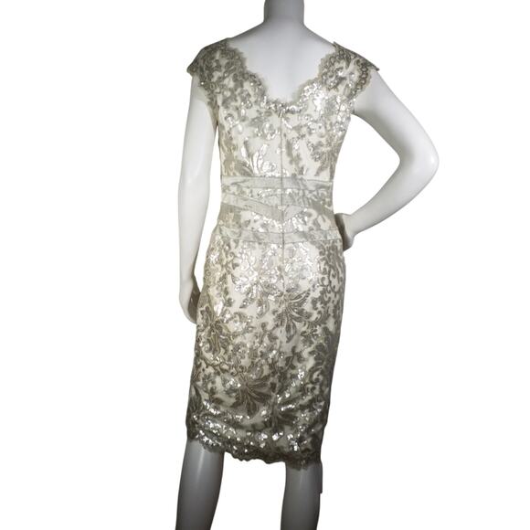 Tadashi Shoji Lace Sheath Cocktail Dress Ivory Gold Size 8 Preowned - Picture 3 of 6